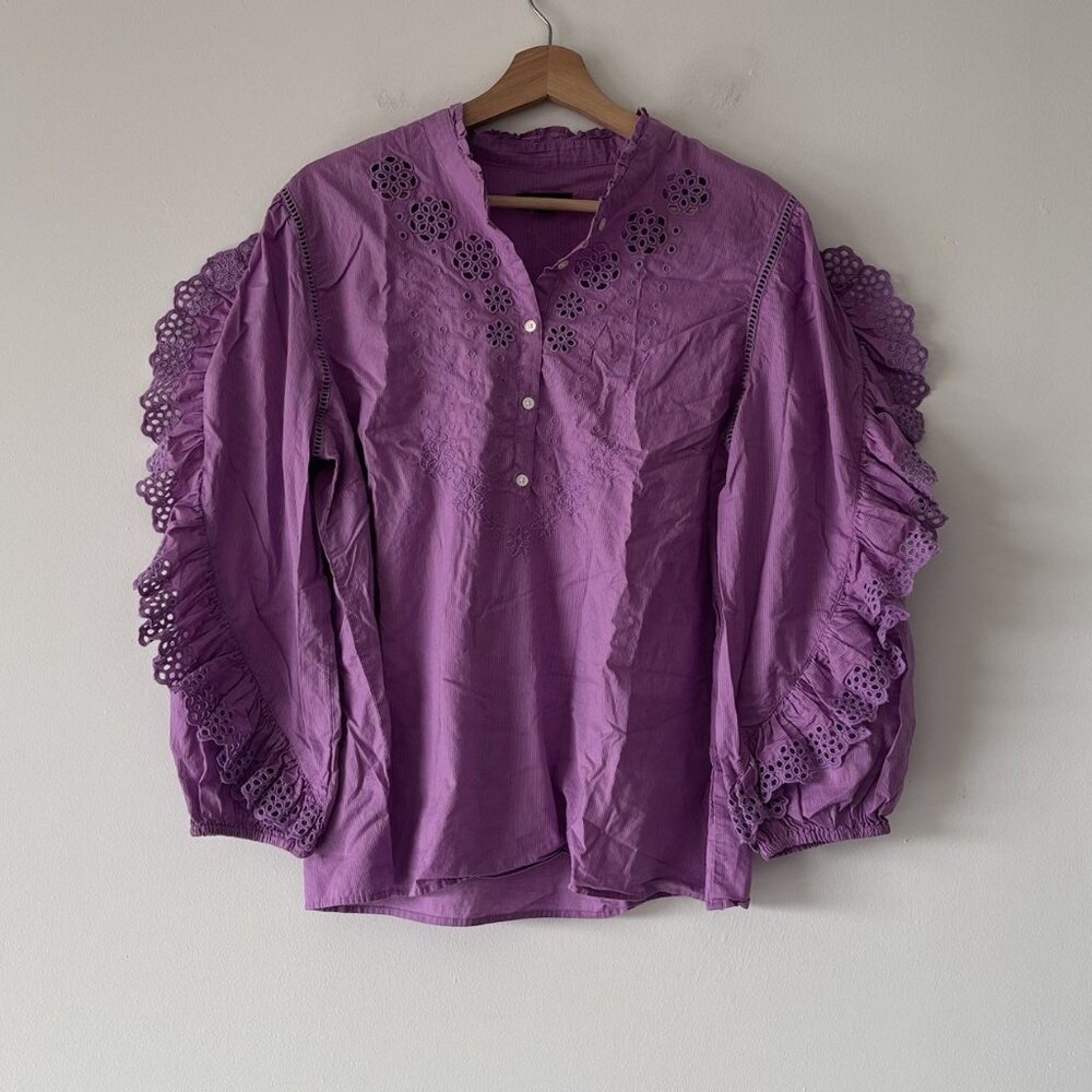 J. CREW Ruffle Sleeve Peasant Blouse Purple Eyelet Top Cottagecore Size L Preppy - Picture 6 of 14